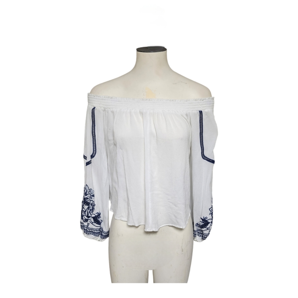 Blueh ciel Peasant  Off Shoulder Cropped Embroidered  Balloon Sleeve Top Sz L